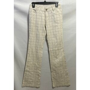Tokyo Fashion Shop Women Cream Grid Print Flare Leg Trousers Mid Rise 28x31